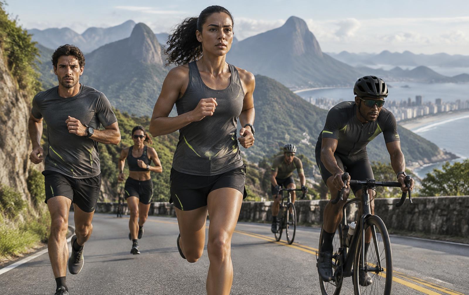 Grupo de corredores e ciclistas em percurso de montanha